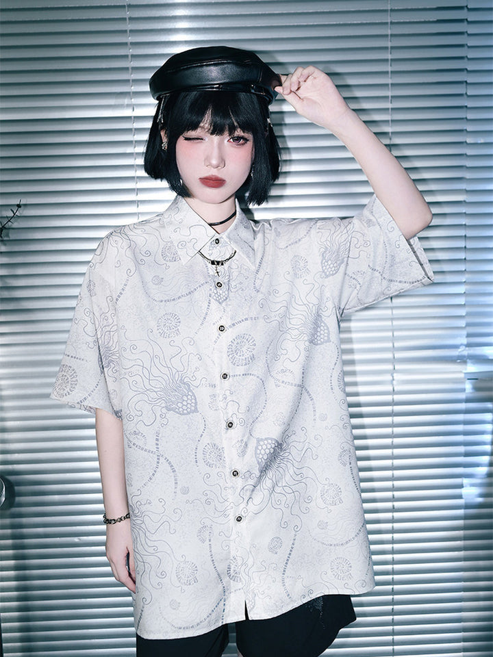 Sea Lily Print Oversized Short Sleeve Shirt