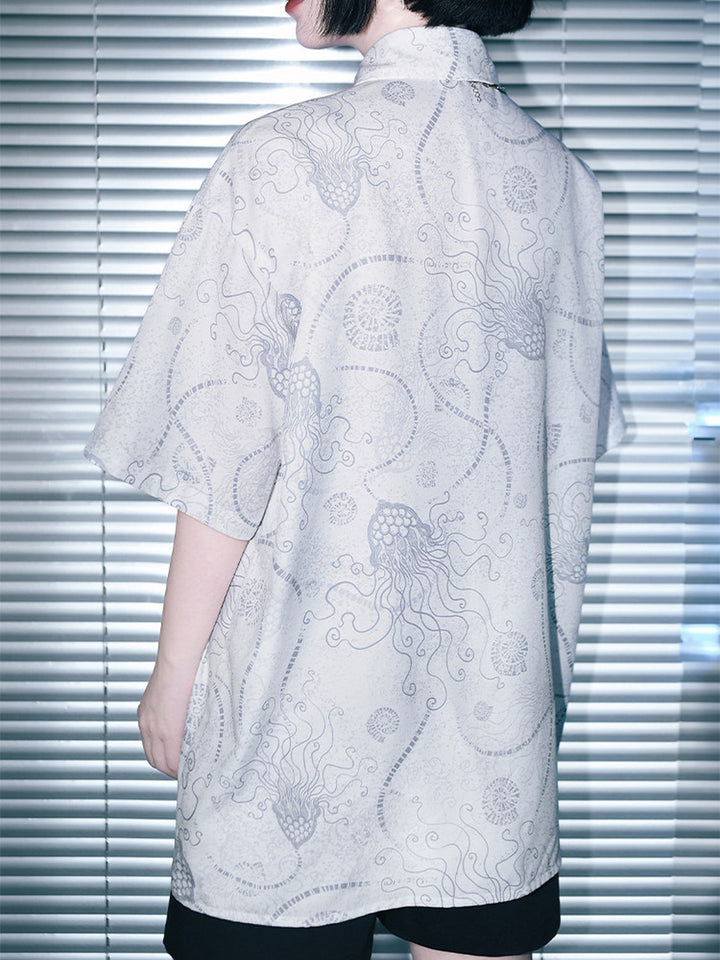 Sea Lily Print Oversized Short Sleeve Shirt