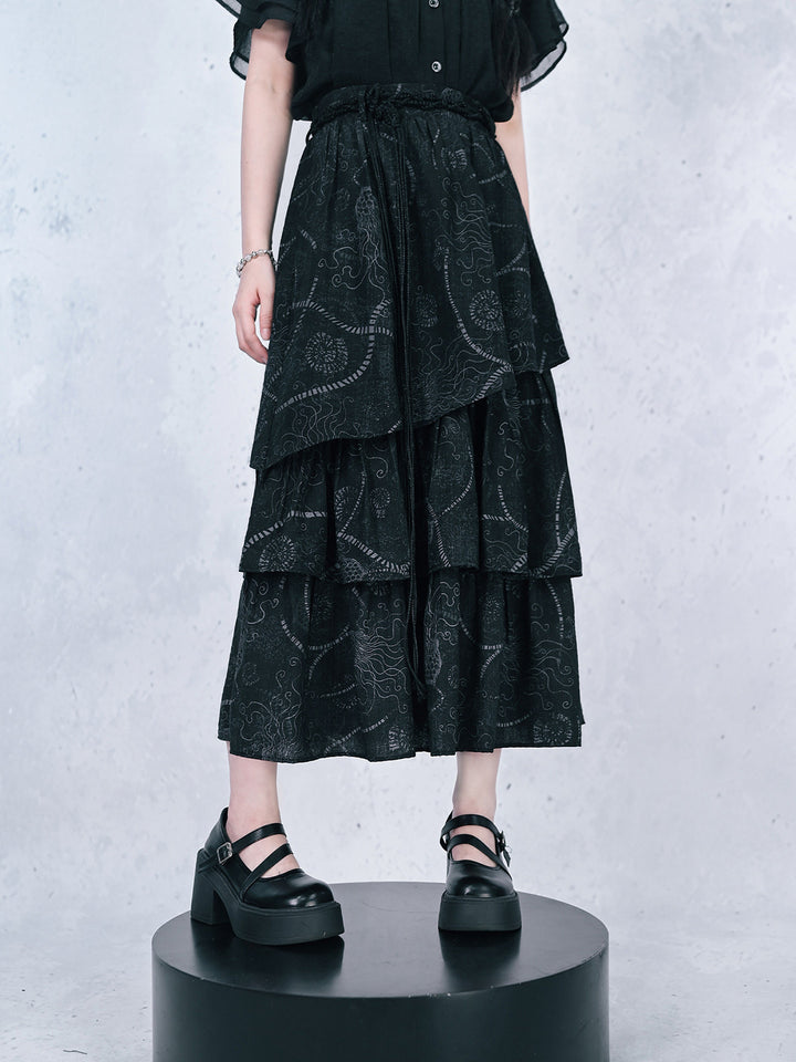 Asymmetric Tiered Sea Lily Print Maxi Skirt