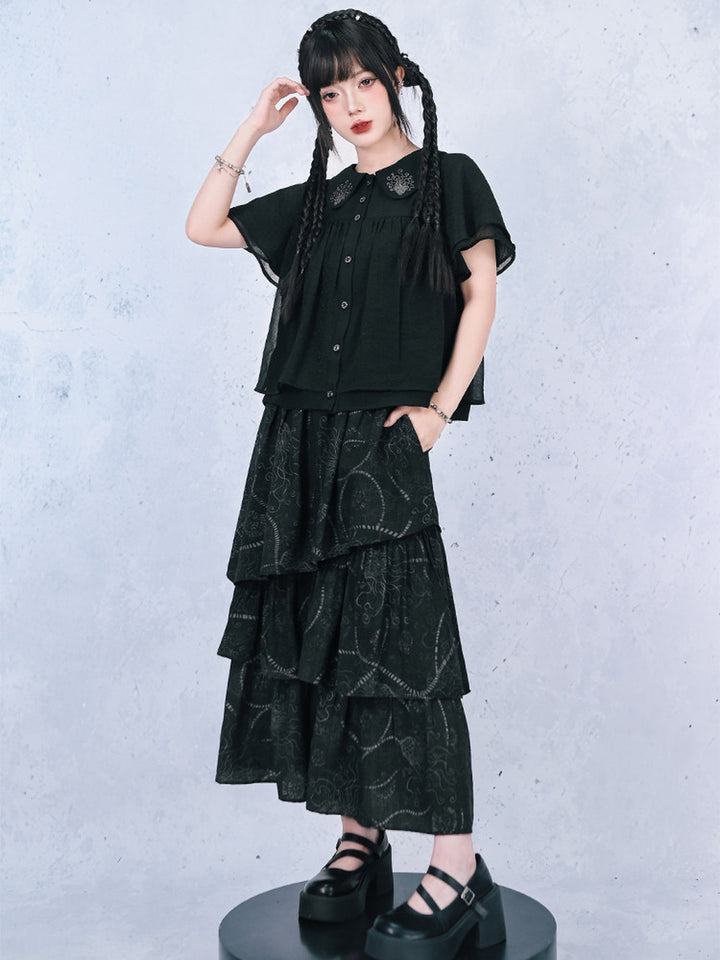Asymmetric Tiered Sea Lily Print Maxi Skirt