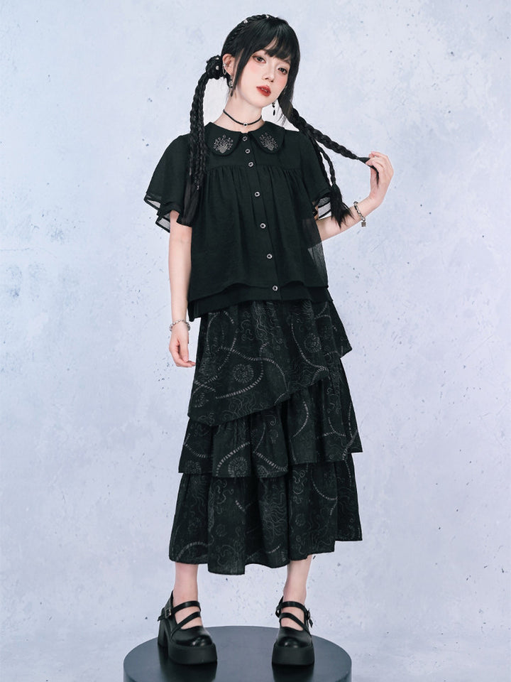 Asymmetric Tiered Sea Lily Print Maxi Skirt