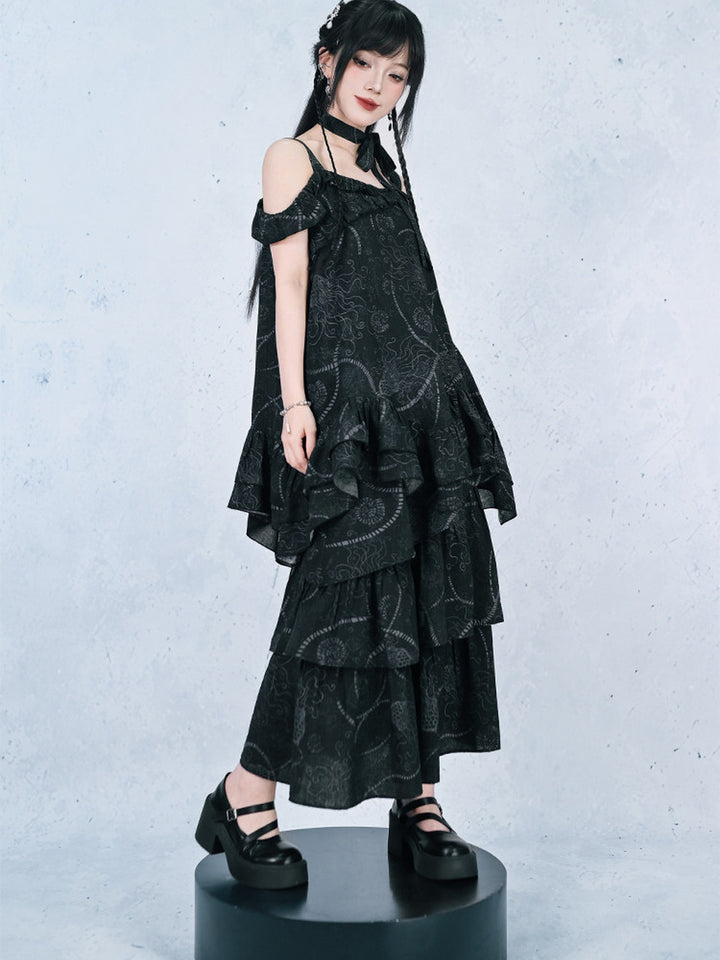 Asymmetric Tiered Sea Lily Print Maxi Skirt