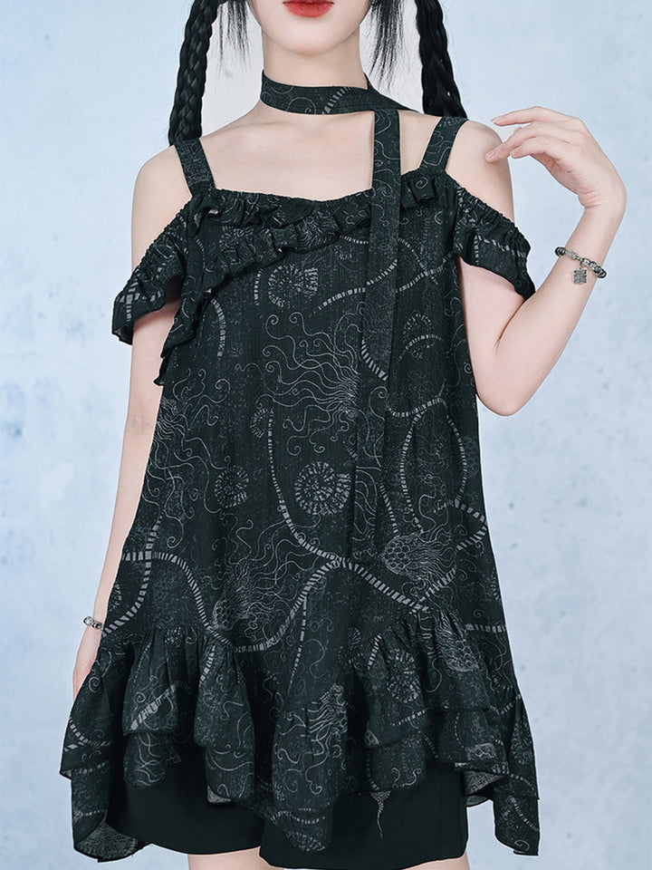 Sea Lily Print Asymmetric Ruffle Cami Top