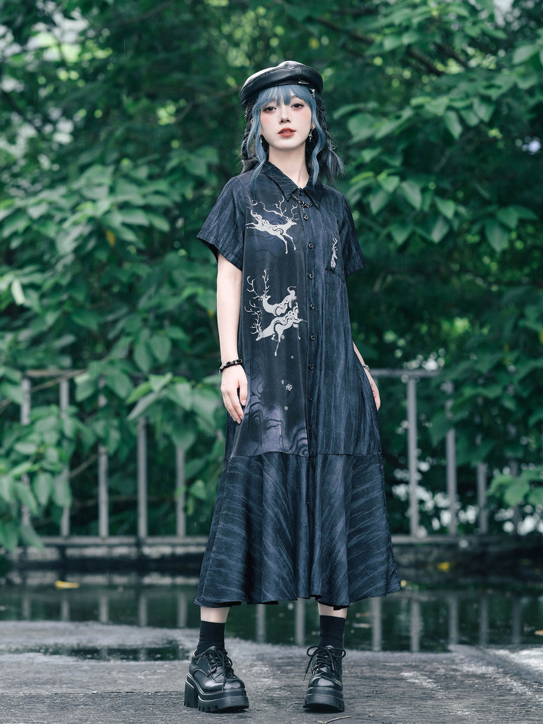 Chinese-Inspired Deer Print Midi Shirt Dress