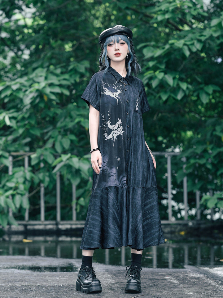 Chinese-Inspired Deer Print Midi Shirt Dress