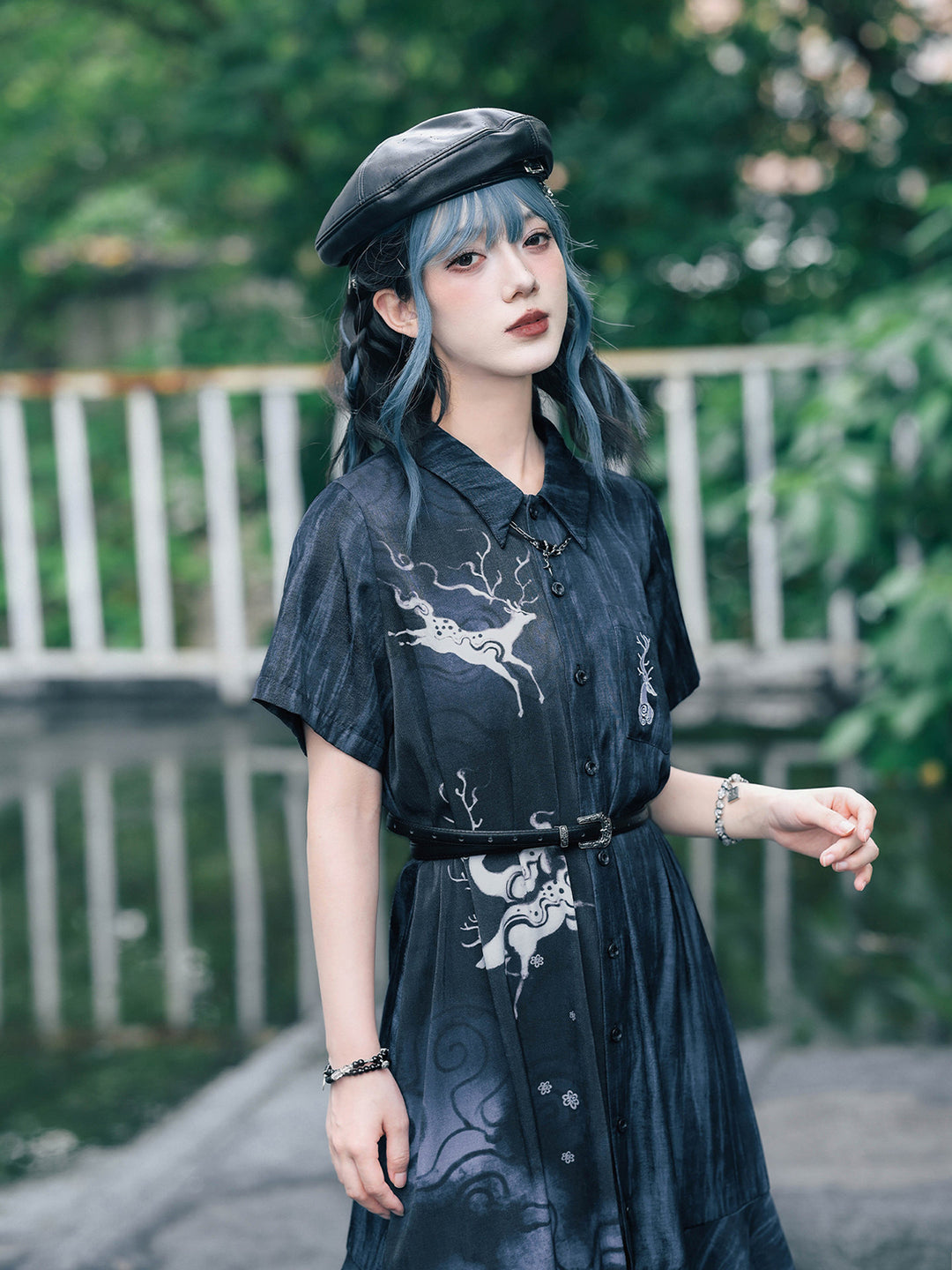 Chinese-Inspired Deer Print Midi Shirt Dress