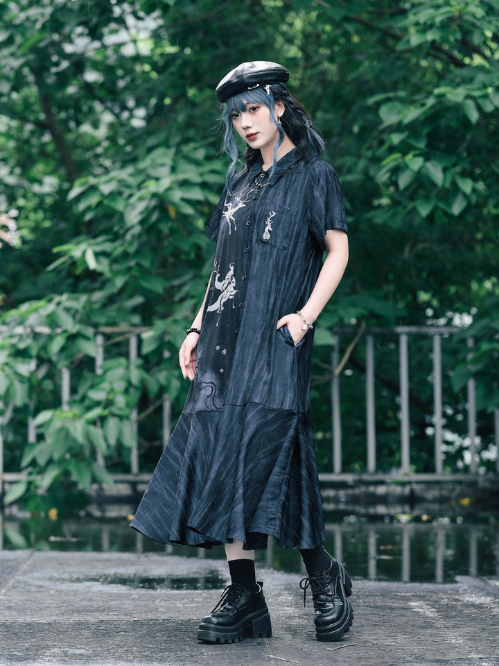 Chinese-Inspired Deer Print Midi Shirt Dress