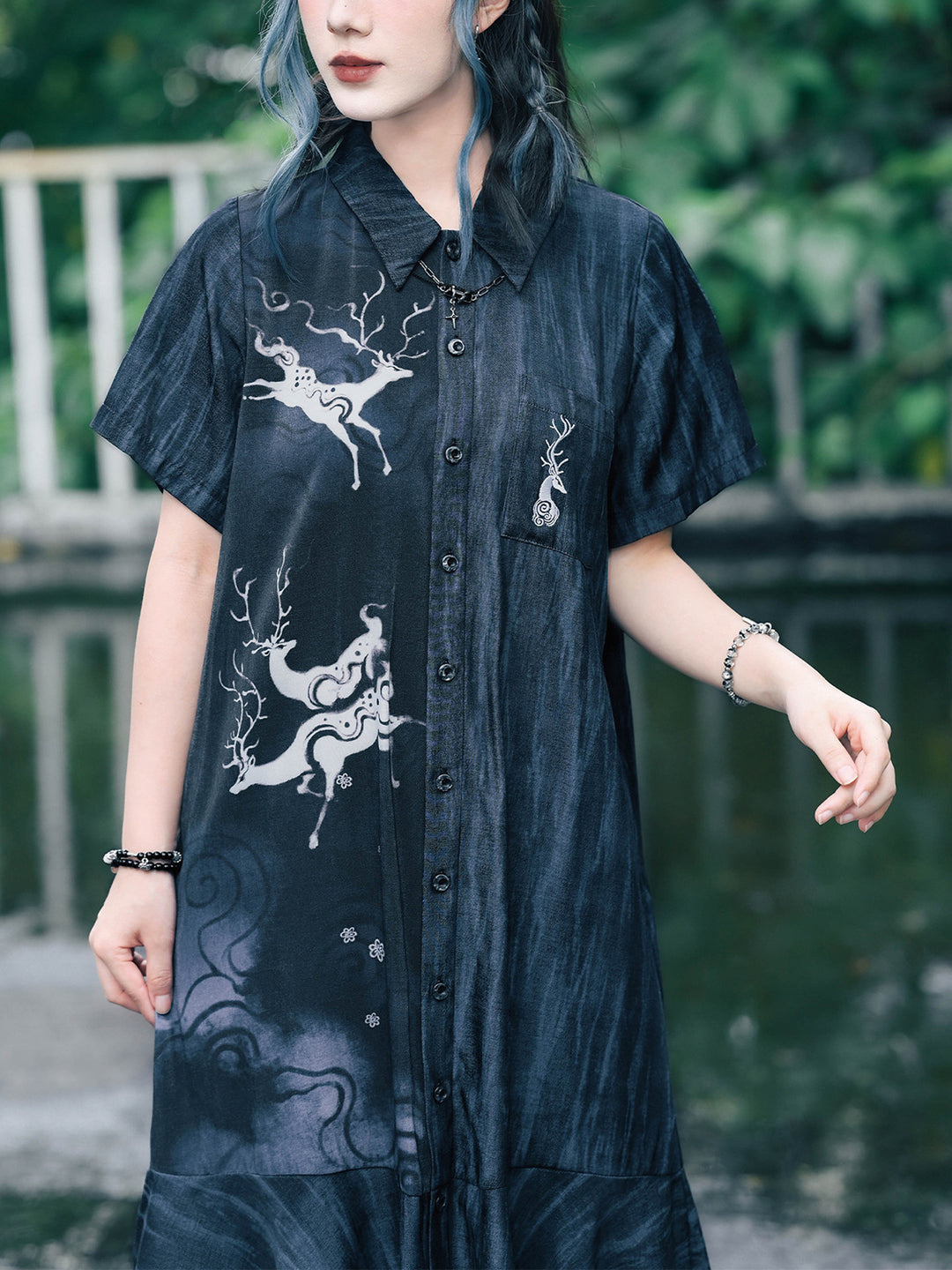 Chinese-Inspired Deer Print Midi Shirt Dress
