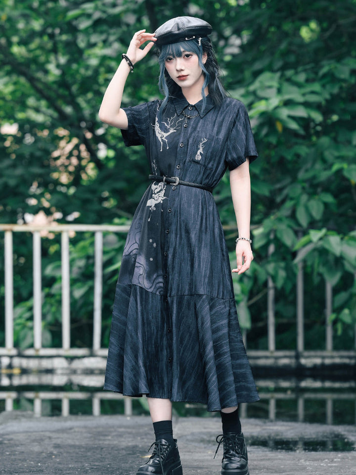 Chinese-Inspired Deer Print Midi Shirt Dress