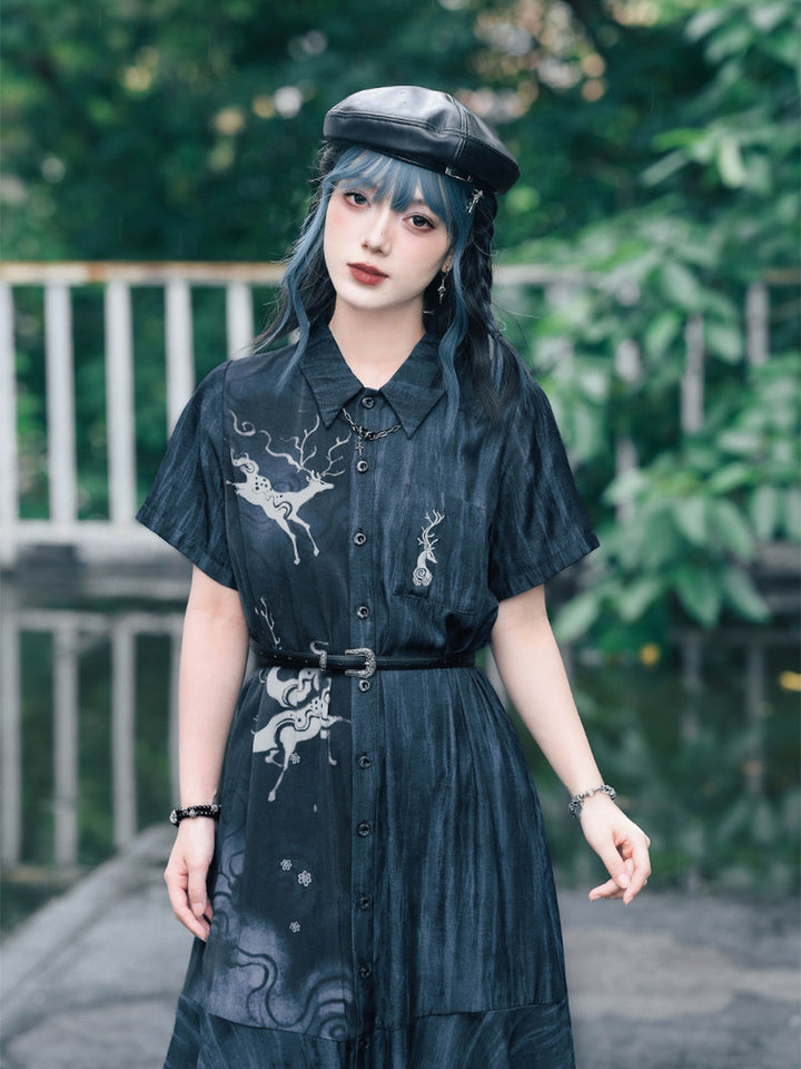 Chinese-Inspired Deer Print Midi Shirt Dress