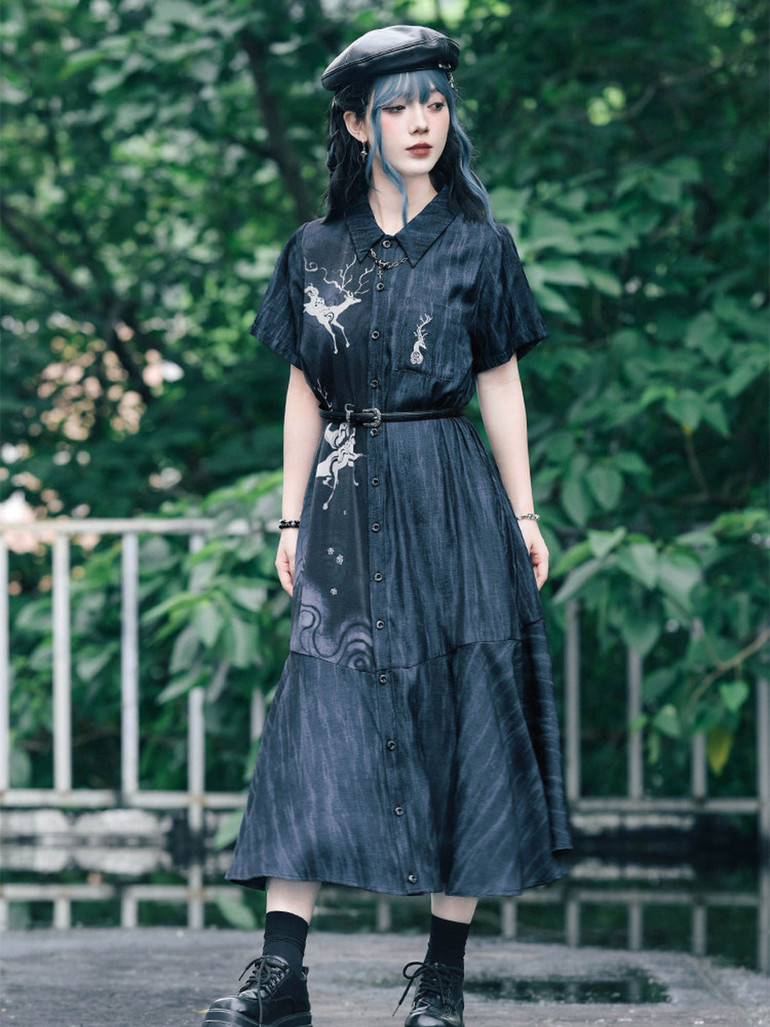 Chinese-Inspired Deer Print Midi Shirt Dress