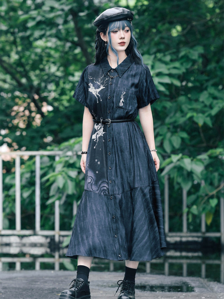 Chinese-Inspired Deer Print Midi Shirt Dress