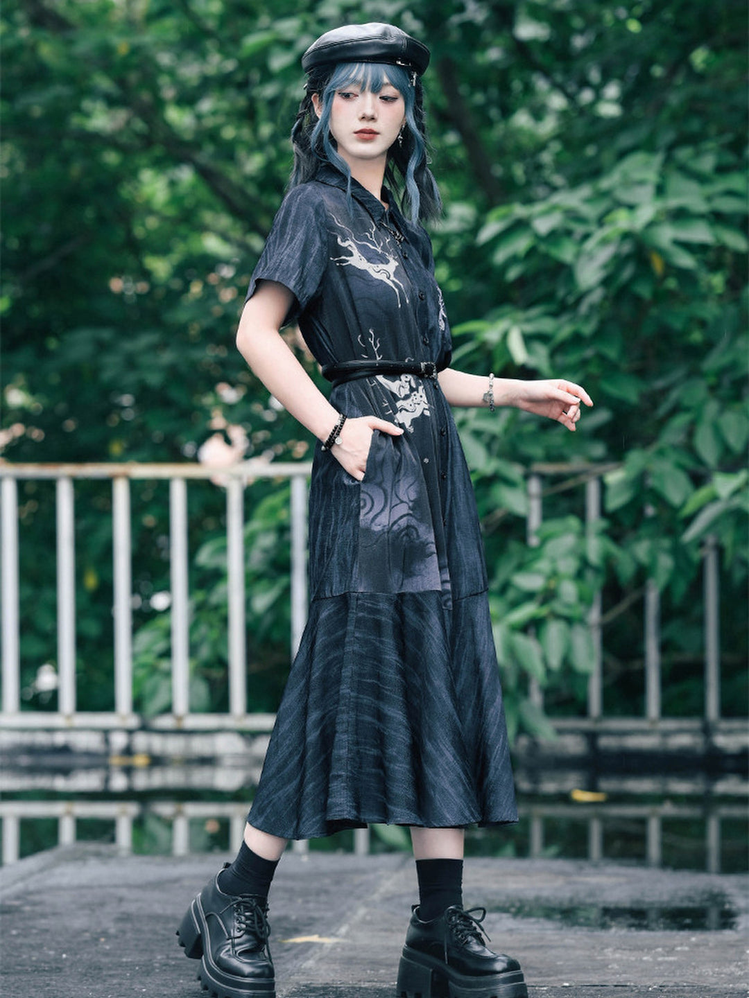 Chinese-Inspired Deer Print Midi Shirt Dress