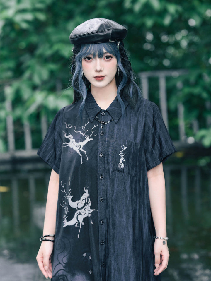 Chinese-Inspired Deer Print Midi Shirt Dress