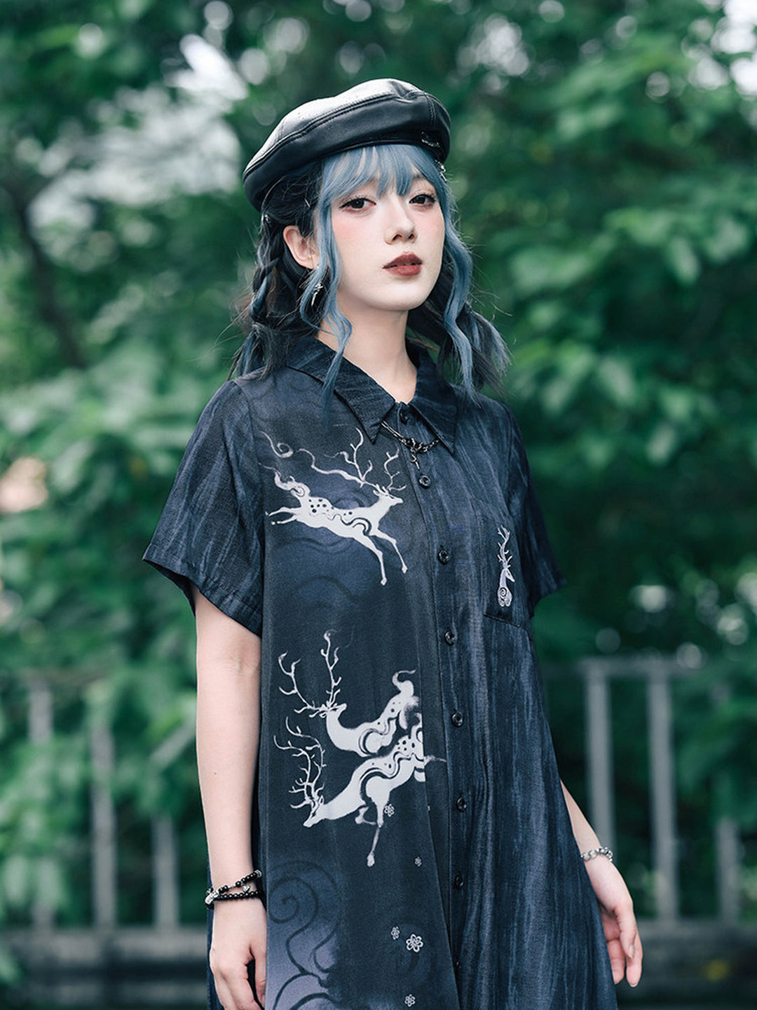 Chinese-Inspired Deer Print Midi Shirt Dress