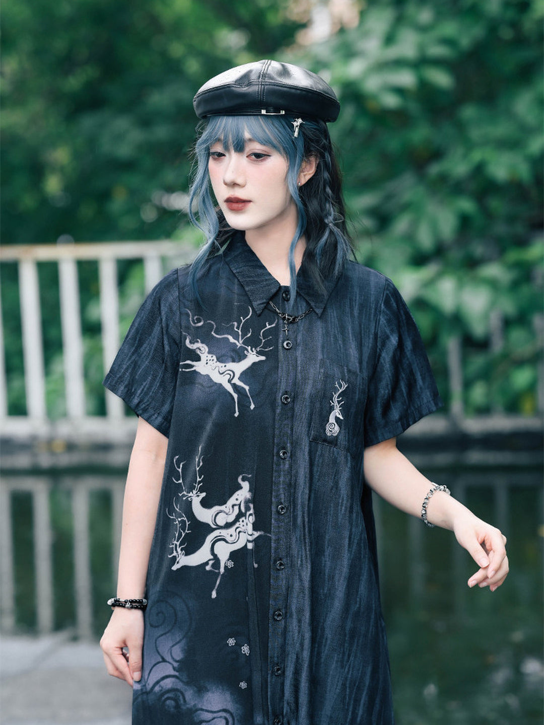 Chinese-Inspired Deer Print Midi Shirt Dress