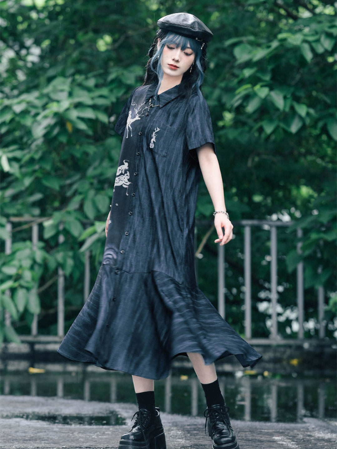 Chinese-Inspired Deer Print Midi Shirt Dress