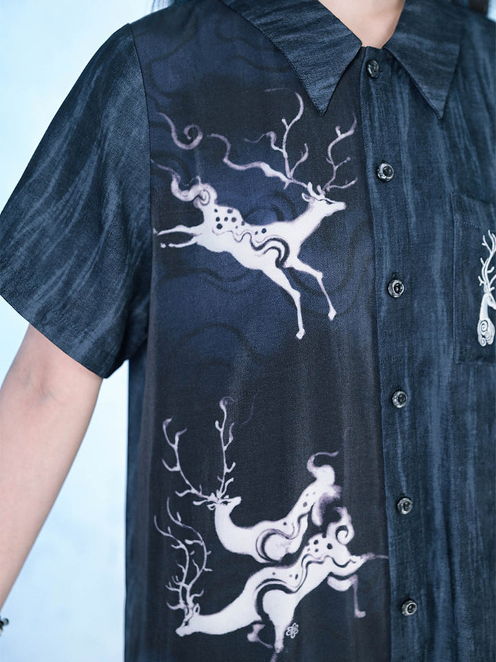 Chinese-Inspired Deer Print Midi Shirt Dress