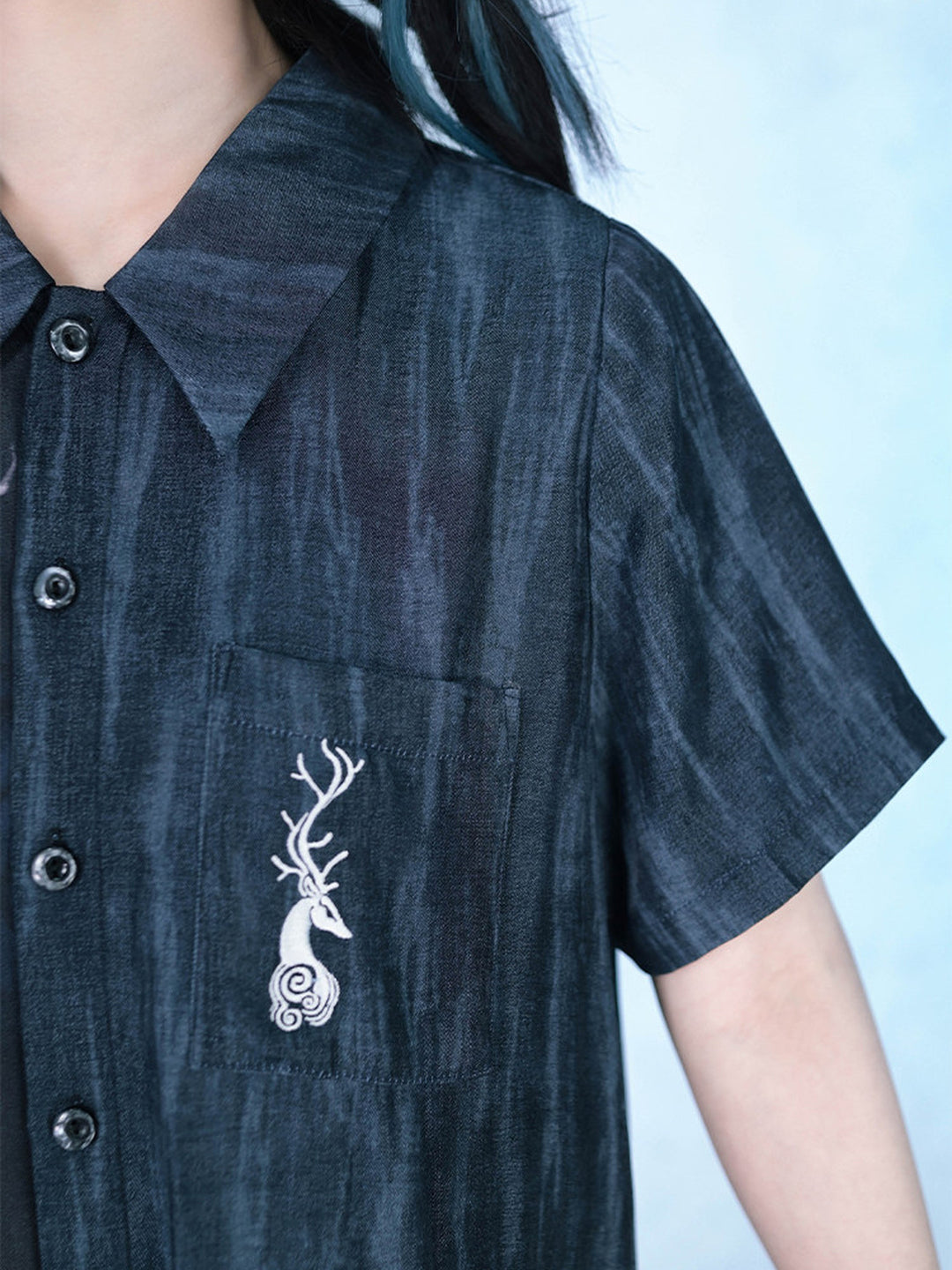Chinese-Inspired Deer Print Midi Shirt Dress