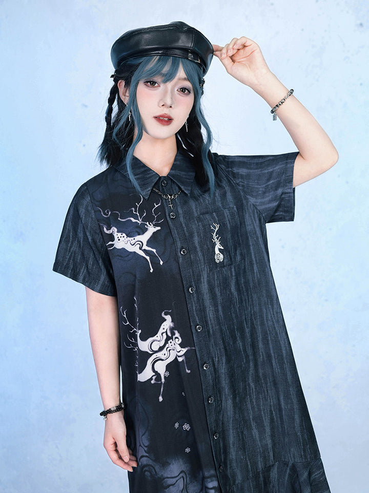 Chinese-Inspired Deer Print Midi Shirt Dress