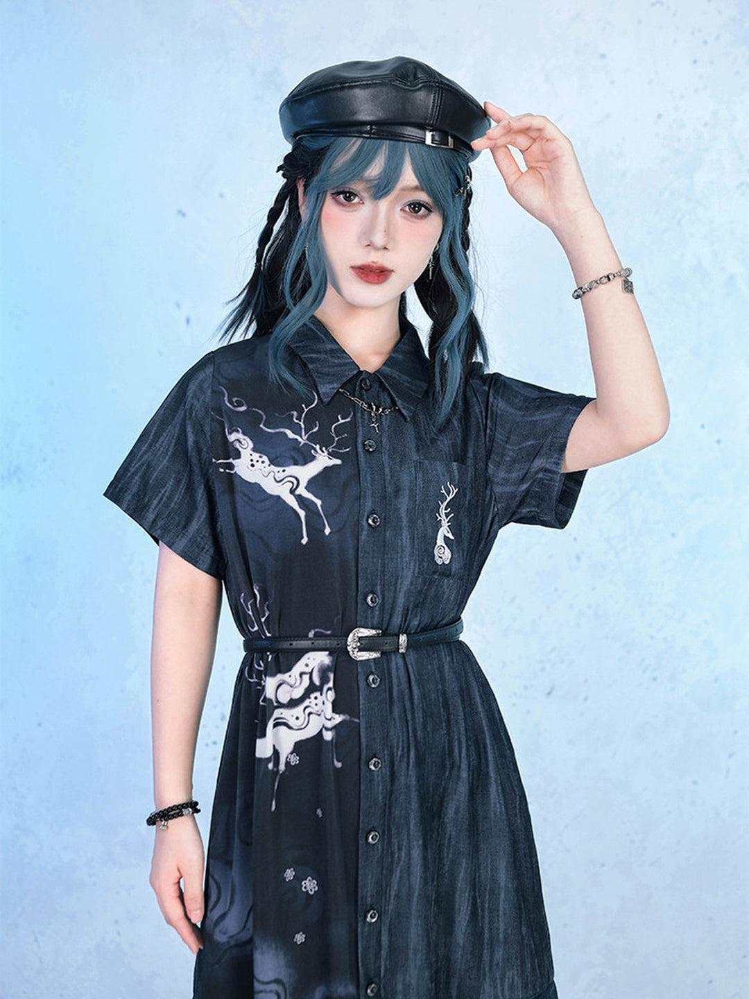 Chinese-Inspired Deer Print Midi Shirt Dress