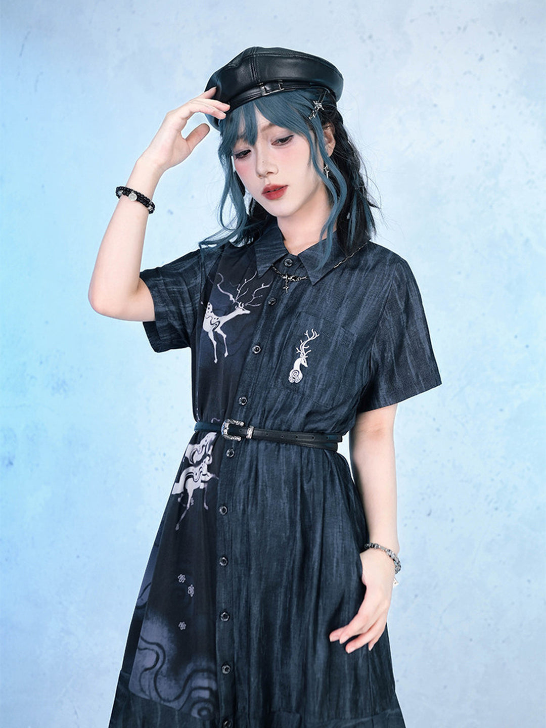 Chinese-Inspired Deer Print Midi Shirt Dress