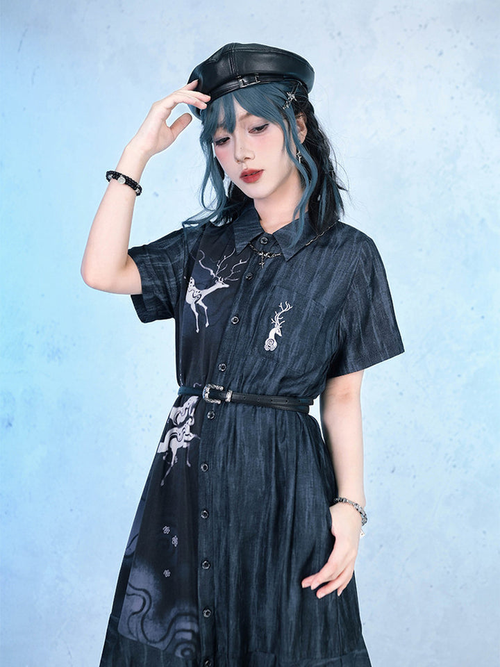 Chinese-Inspired Deer Print Midi Shirt Dress
