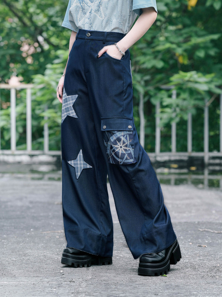 Plaid Star Appliqué Wide-Leg Cargo Pants