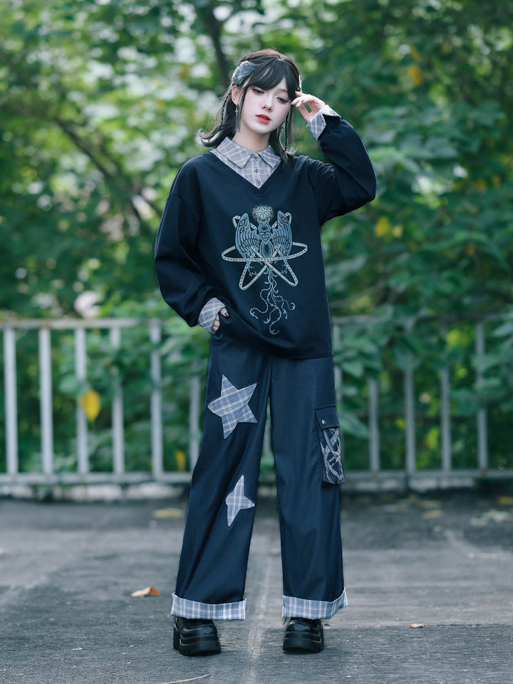 Plaid Star Appliqué Wide-Leg Cargo Pants