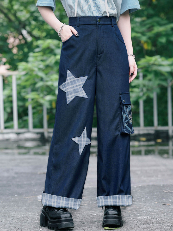 Plaid Star Appliqué Wide-Leg Cargo Pants