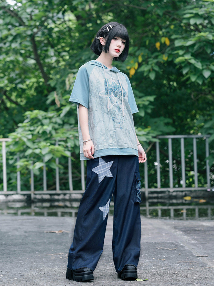 Plaid Star Appliqué Wide-Leg Cargo Pants