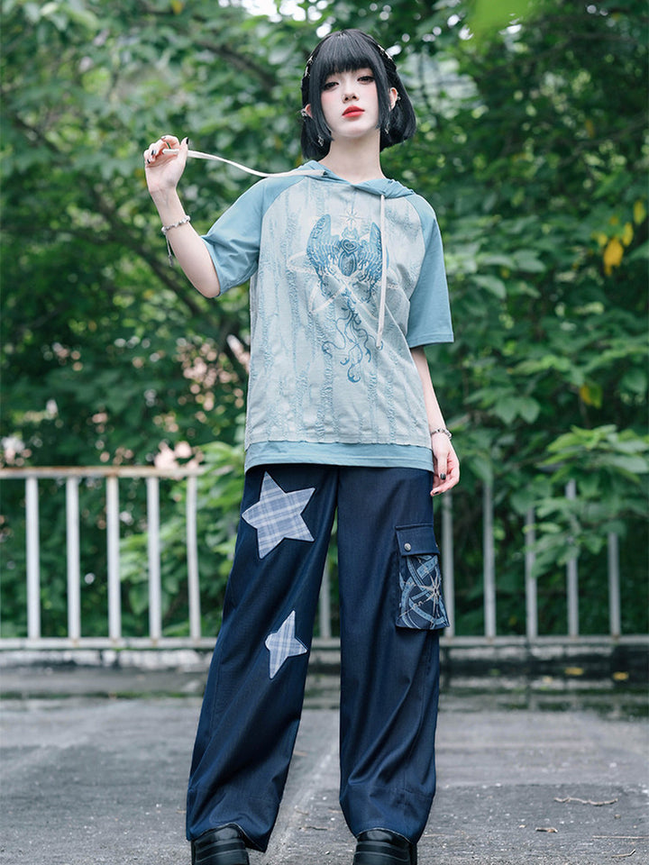 Plaid Star Appliqué Wide-Leg Cargo Pants