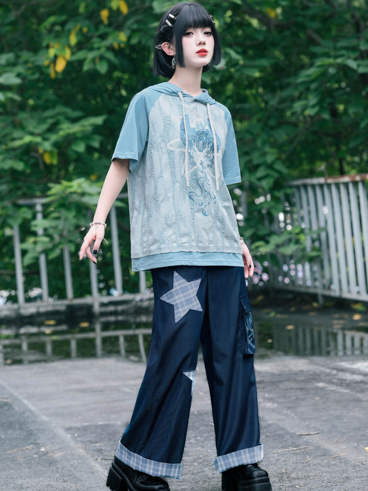 Plaid Star Appliqué Wide-Leg Cargo Pants