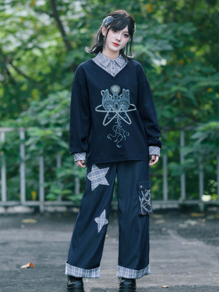 Plaid Star Appliqué Wide-Leg Cargo Pants
