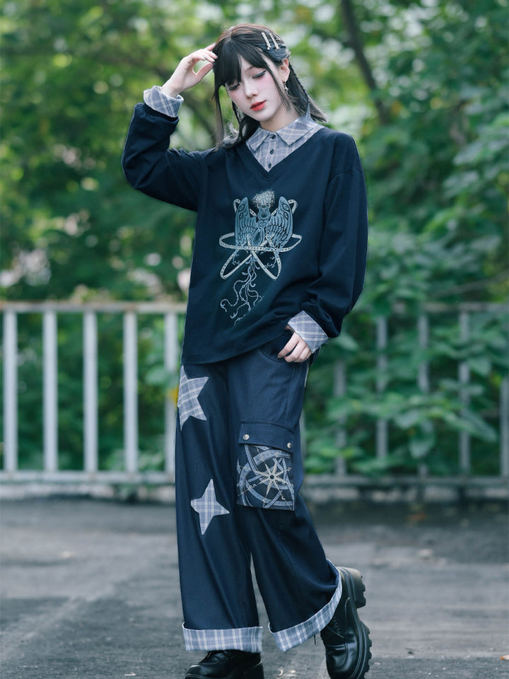 Plaid Star Appliqué Wide-Leg Cargo Pants