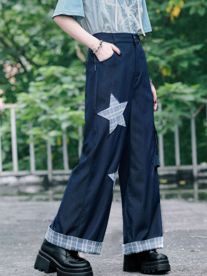 Plaid Star Appliqué Wide-Leg Cargo Pants