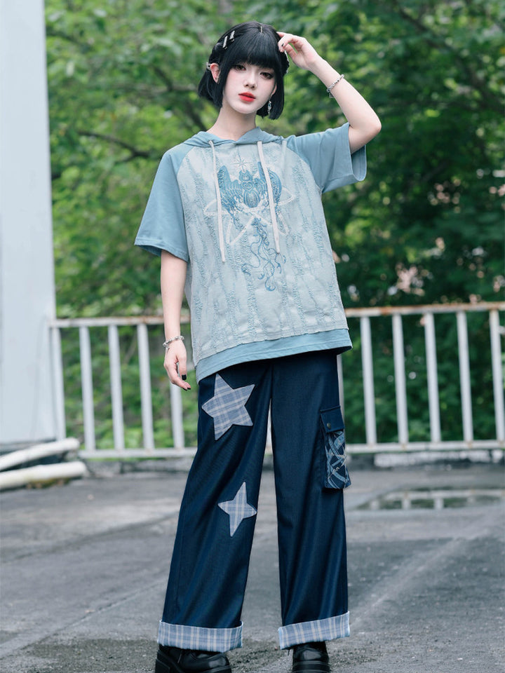 Plaid Star Appliqué Wide-Leg Cargo Pants