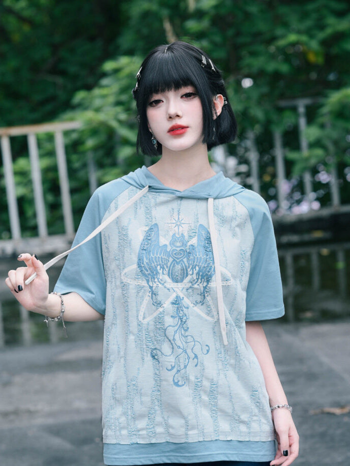 Distressed Graphic Short Sleeve Hoodie