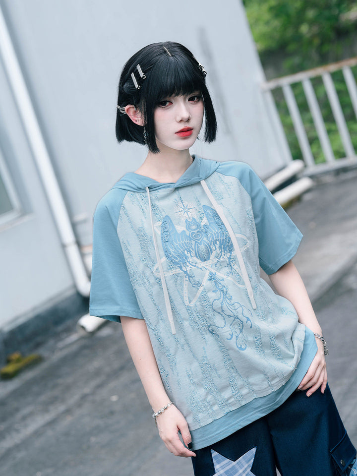 Distressed Graphic Short Sleeve Hoodie