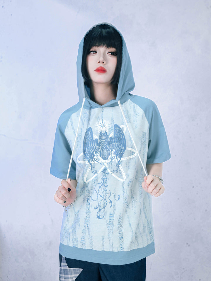 Distressed Graphic Short Sleeve Hoodie