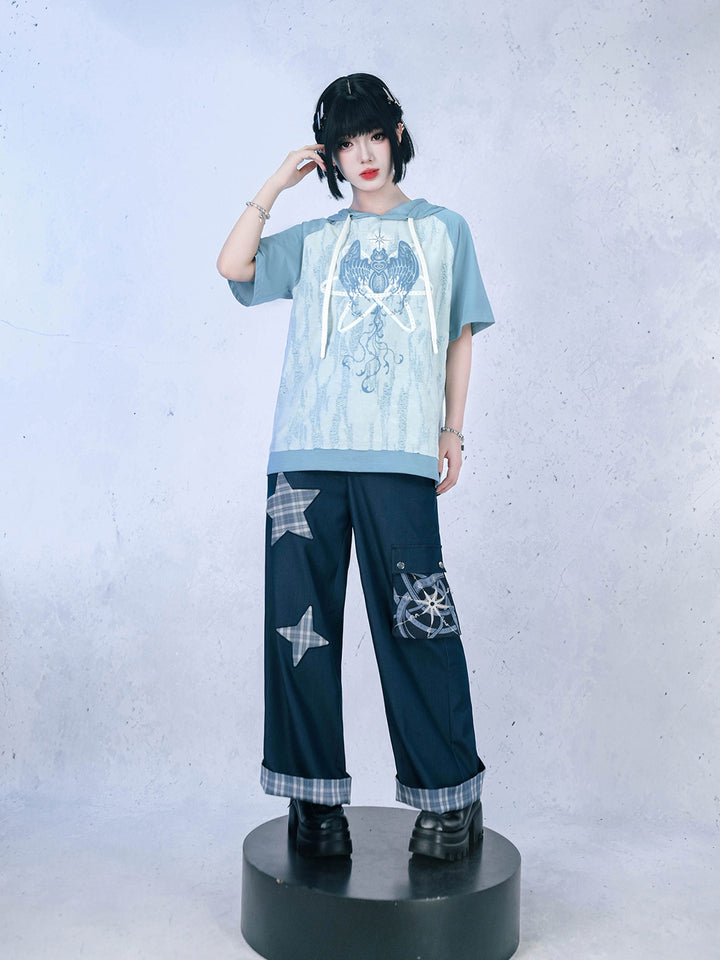 Distressed Graphic Short Sleeve Hoodie