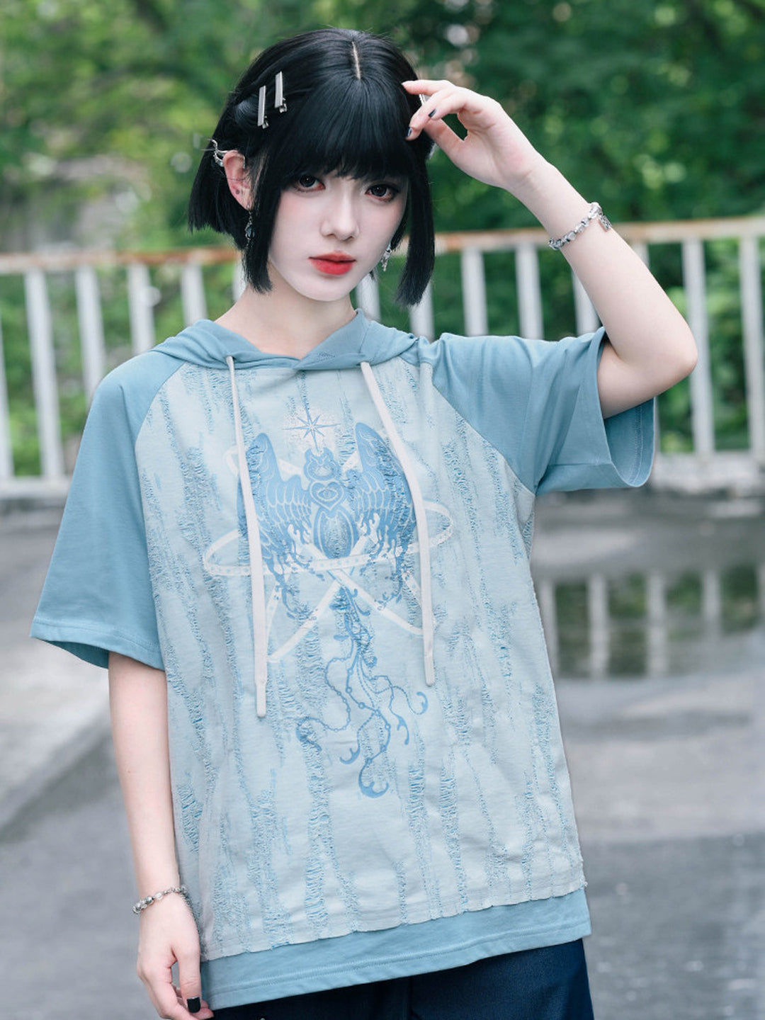 Distressed Graphic Short Sleeve Hoodie