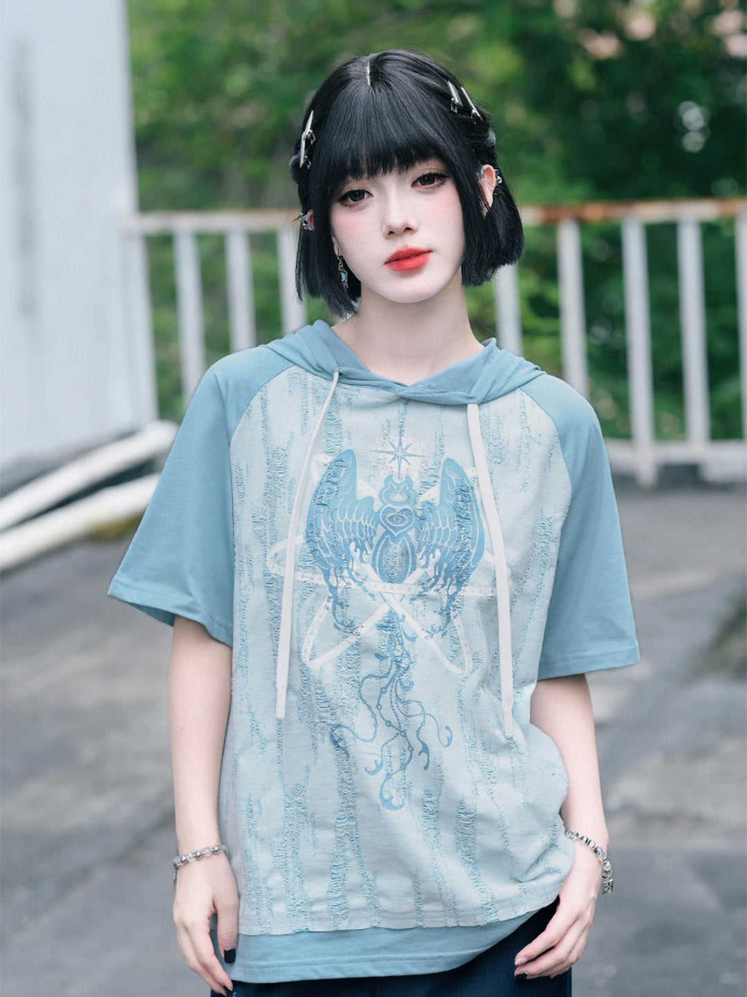 Distressed Graphic Short Sleeve Hoodie