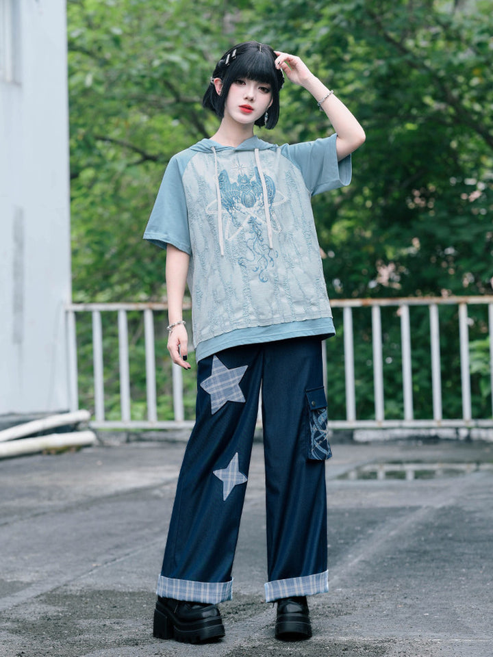 Distressed Graphic Short Sleeve Hoodie