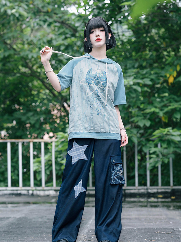 Distressed Graphic Short Sleeve Hoodie