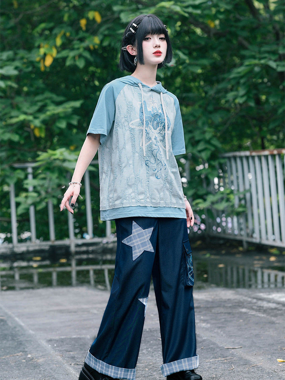 Distressed Graphic Short Sleeve Hoodie
