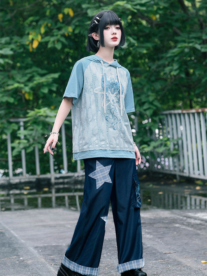 Distressed Graphic Short Sleeve Hoodie