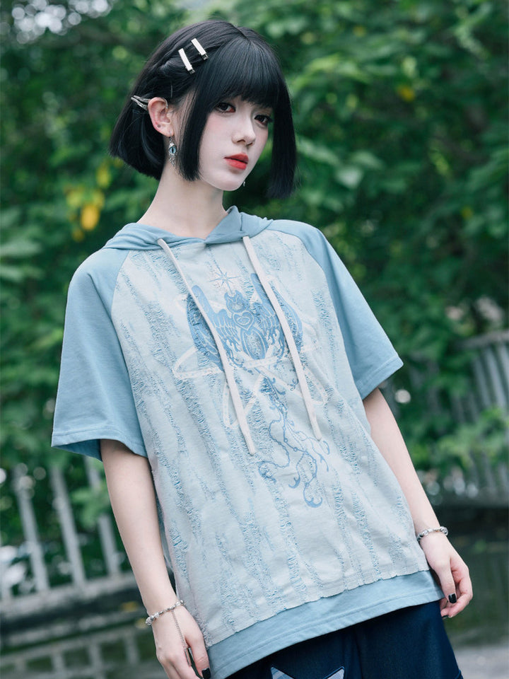 Distressed Graphic Short Sleeve Hoodie