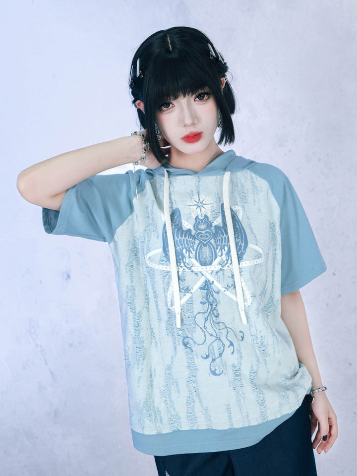 Distressed Graphic Short Sleeve Hoodie
