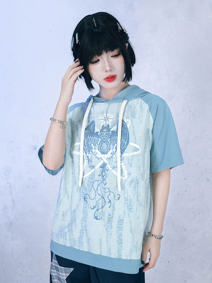 Distressed Graphic Short Sleeve Hoodie